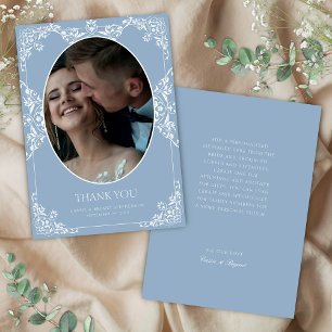 Elegantes Blue Formal Border Vintage Wedding Foto Dankeskarte