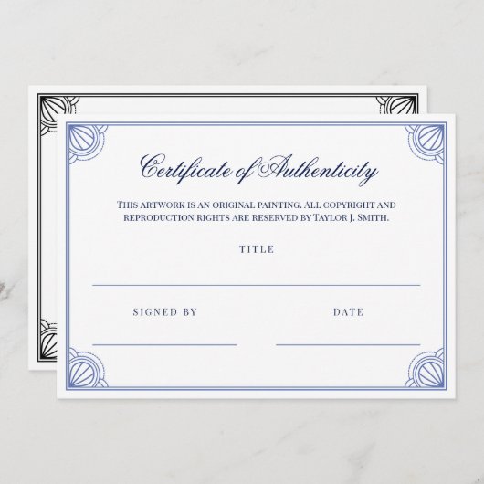 Elegantes Blue Frame Certificate of Authenticity (Vorne/Hinten)