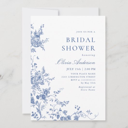 Elegantes Blue French Garden BRAUTPARTY Einladung (Vorderseite)