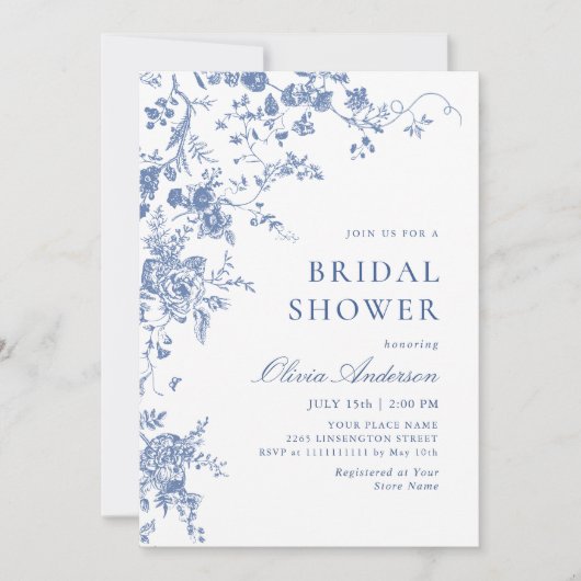 Elegantes Blue French Garden BRAUTPARTY Einladung (Vorderseite)