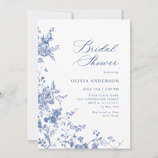 Elegantes Blue French Garden BRAUTPARTY Einladung (Vorderseite)