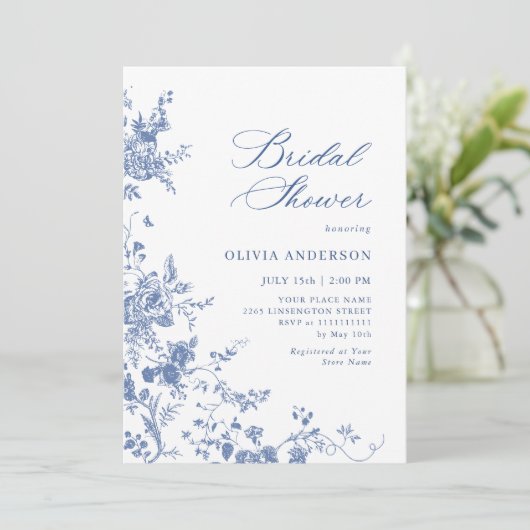 Elegantes Blue French Garden BRAUTPARTY Einladung (Stehend Vorderseite)