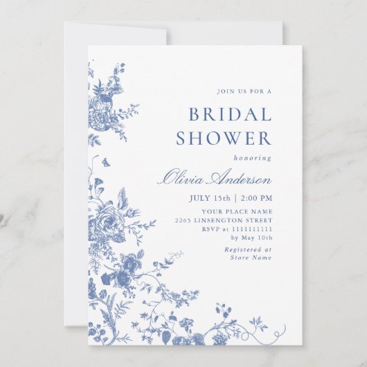 Elegantes Blue French Garden BRAUTPARTY Einladung (Vorderseite)