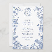 Elegantes Blue French Garden Floral Wedding Foto Save The Date (Vorderseite)