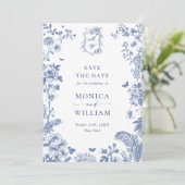 Elegantes Blue French Garden Floral Wedding Foto Save The Date (Stehend Vorderseite)