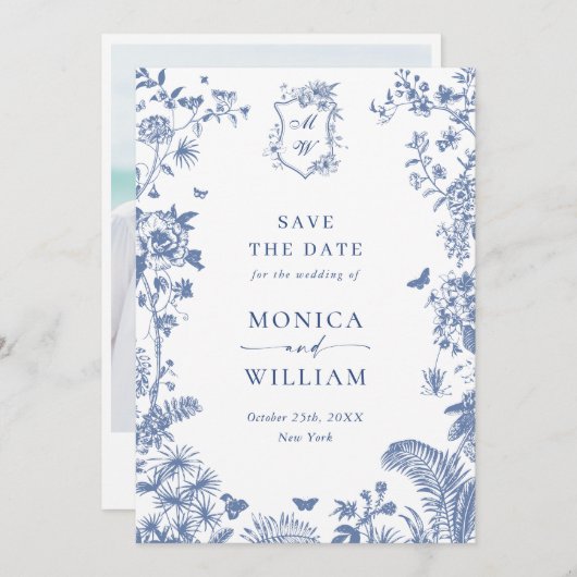 Elegantes Blue French Garden Floral Wedding Foto Save The Date (Vorne/Hinten)