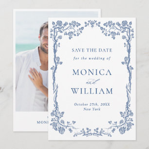 Elegantes Blue French Garden Floral Wedding Foto Save The Date