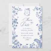 Elegantes Blue French Garden Floral Wedding Foto Save The Date (Vorderseite)