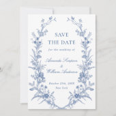 Elegantes Blue French Garden Floral Wedding Foto Save The Date (Vorderseite)
