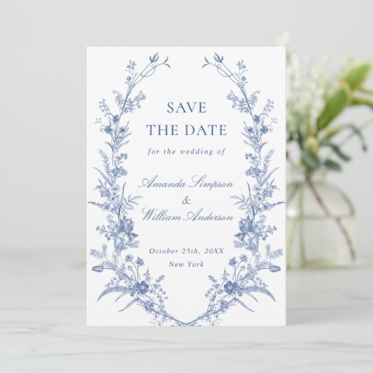Elegantes Blue French Garden Floral Wedding Foto Save The Date (Stehend Vorderseite)
