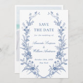 Elegantes Blue French Garden Floral Wedding Foto Save The Date (Vorne/Hinten)