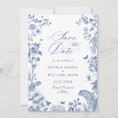 Elegantes Blue French Garden Floral Wedding Foto Save The Date (Vorderseite)