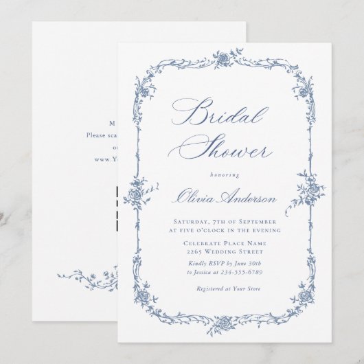 Elegantes Blue French Rose Brautparty Einladung (Vorne/Hinten)