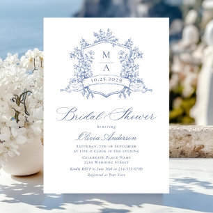 Elegantes Blue French Rose Brautparty Einladung