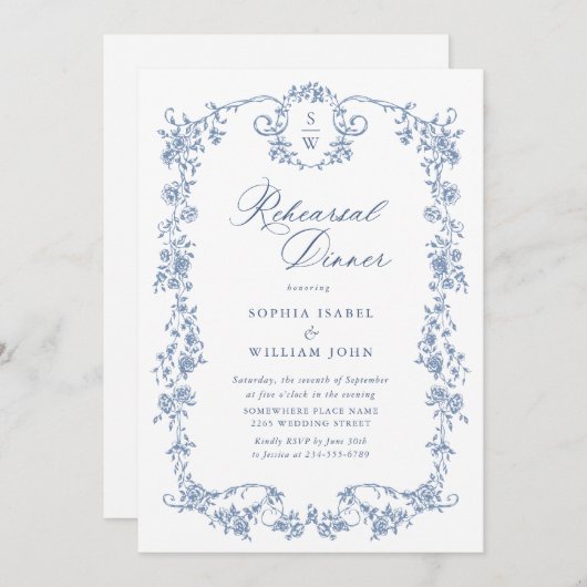 Elegantes Blue French Rose Probe Abendessen Einladung (Vorne/Hinten)