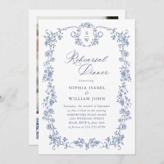 Elegantes Blue French Rose Probe Abendessen Einladung (Vorne/Hinten)