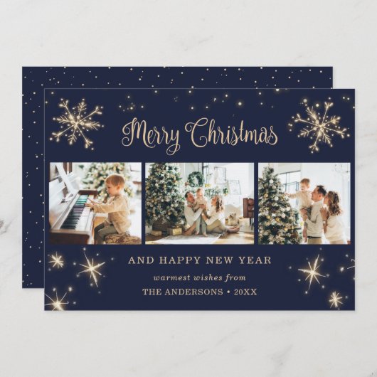 Elegantes Blue Funkelnd Snowflake Foto Weihnachten (Vorne/Hinten)