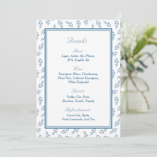 Elegantes Blue Garden Wedding Bar Menu Signatur (Stehend Vorderseite)