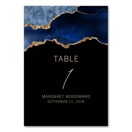 Elegantes Blue Gold Agate Party Tischnummer (Vorderseite)