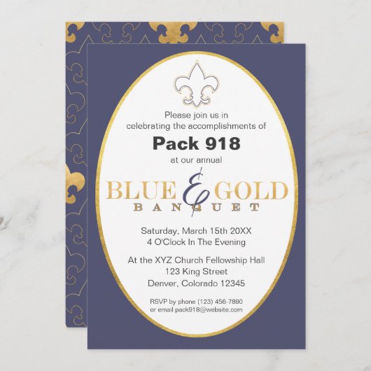 Elegantes Blue & Gold Banquet Einladung (Vorne/Hinten)