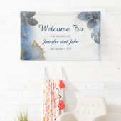 Elegantes Blue Gold Blätter Botanische Hochzeit Banner (Insitu)