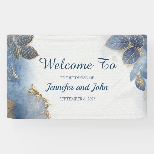 Elegantes Blue Gold Blätter Botanische Hochzeit Banner (Horizontal)