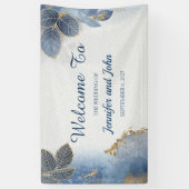 Elegantes Blue Gold Blätter Botanische Hochzeit Banner (Vertikal)