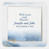 Elegantes Blue Gold Blätter Botanische Hochzeit Quadratischer Aufkleber (Vorderseite)