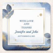 Elegantes Blue Gold Blätter Botanische Hochzeit Rechteckiger Pappuntersetzer (Vorderseite)