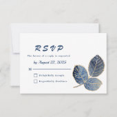 Elegantes Blue Gold Blätter Botanische Hochzeit RSVP Karte (Vorderseite)