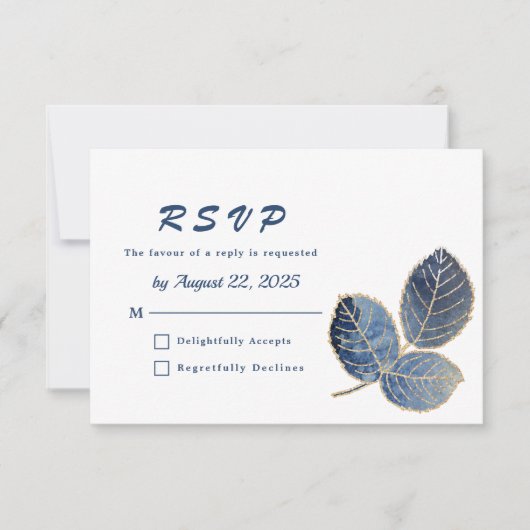 Elegantes Blue Gold Blätter Botanische Hochzeit RSVP Karte (Vorderseite)