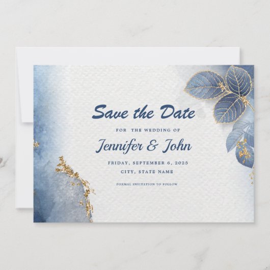 Elegantes Blue Gold Blätter Botanische Hochzeit Save The Date (Vorderseite)