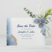 Elegantes Blue Gold Blätter Botanische Hochzeit Save The Date (Stehend Vorderseite)