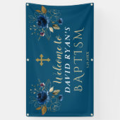 Elegantes Blue Gold Blume Taufe Begrüßungszeichen Banner (Vertikal)