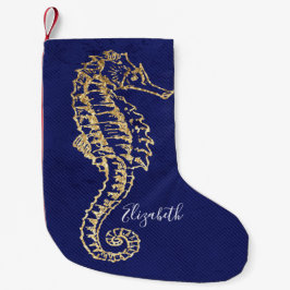 Elegantes Blue Gold Coastal Beach Sea Horse Kleiner Weihnachtsstrumpf