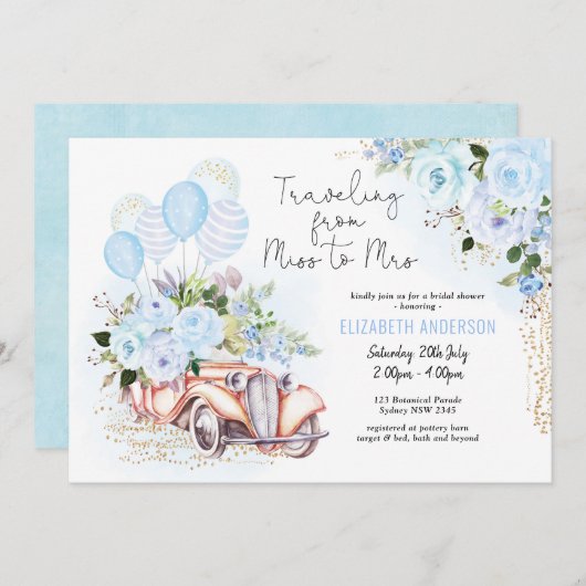 Elegantes Blue Gold Floral Brautparty Einladung (Vorne/Hinten)