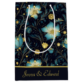 Elegantes Blue & Gold Floral Personalisiertes Weih Mittlere Geschenktüte