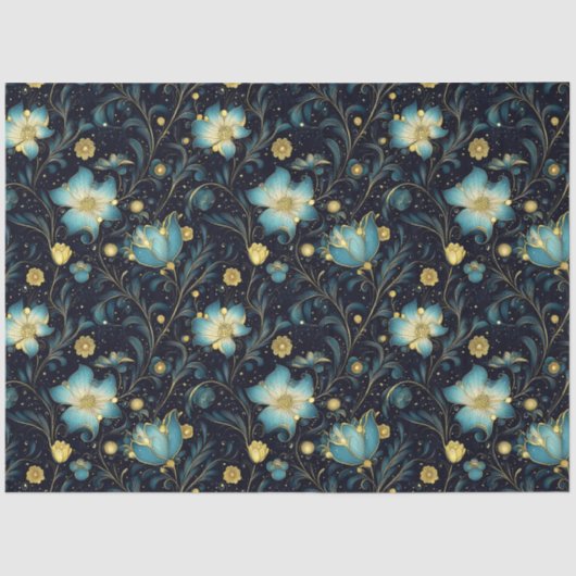 Elegantes Blue & Gold Floral Weihnachtsdekoupage Seidenpapier (Vorderseite)