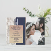 Elegantes Blue Gold Foto Hochzeit Einladung (Stehend Vorderseite)