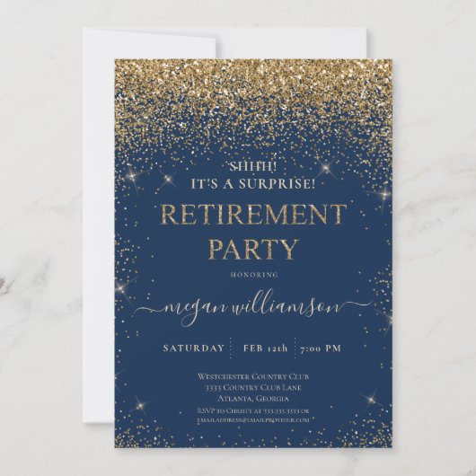 Elegantes Blue Gold Glitzer Retirement Party Einladung (Vorderseite)