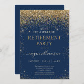 Elegantes Blue Gold Glitzer Retirement Party Einladung (Vorne/Hinten)