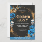 Elegantes Blue & Gold Halloween-Party Magneteinladung (Vorderseite)