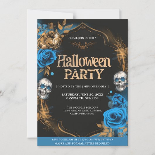 Elegantes Blue & Gold Halloween-Party Magneteinladung (Vorderseite)