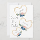 Elegantes Blue Gold Heart Blumenbezeichnungen Hoch Save The Date (Vorderseite)