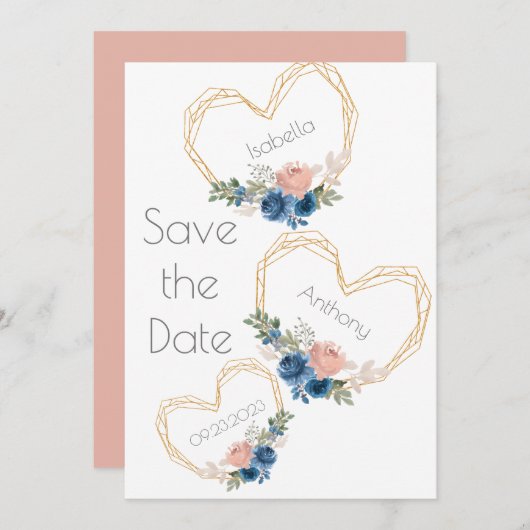 Elegantes Blue Gold Heart Blumenbezeichnungen Hoch Save The Date (Vorne/Hinten)
