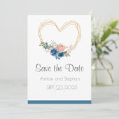 Elegantes Blue Gold Heart Blumenzwiebeln Save The Date (Stehend Vorderseite)