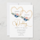 Elegantes Blue Gold Heart Floral Wedding Einladung (Vorderseite)
