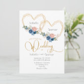 Elegantes Blue Gold Heart Floral Wedding Einladung (Stehend Vorderseite)