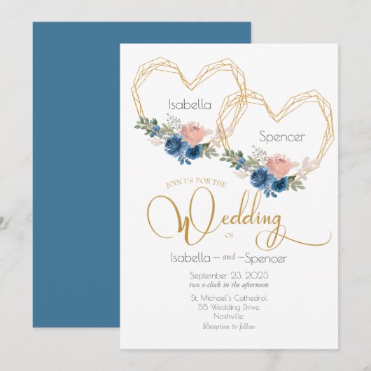 Elegantes Blue Gold Heart Floral Wedding Einladung (Vorne/Hinten)