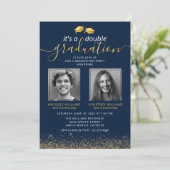 Elegantes Blue Gold Joint Abschluss Foto Einladung (Stehend Vorderseite)